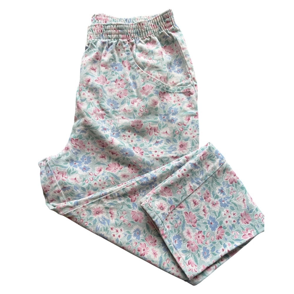 Cascade Blues Floral Pants Womens 14 Pastel Pink Blue Elastic Waist Vintage 90s